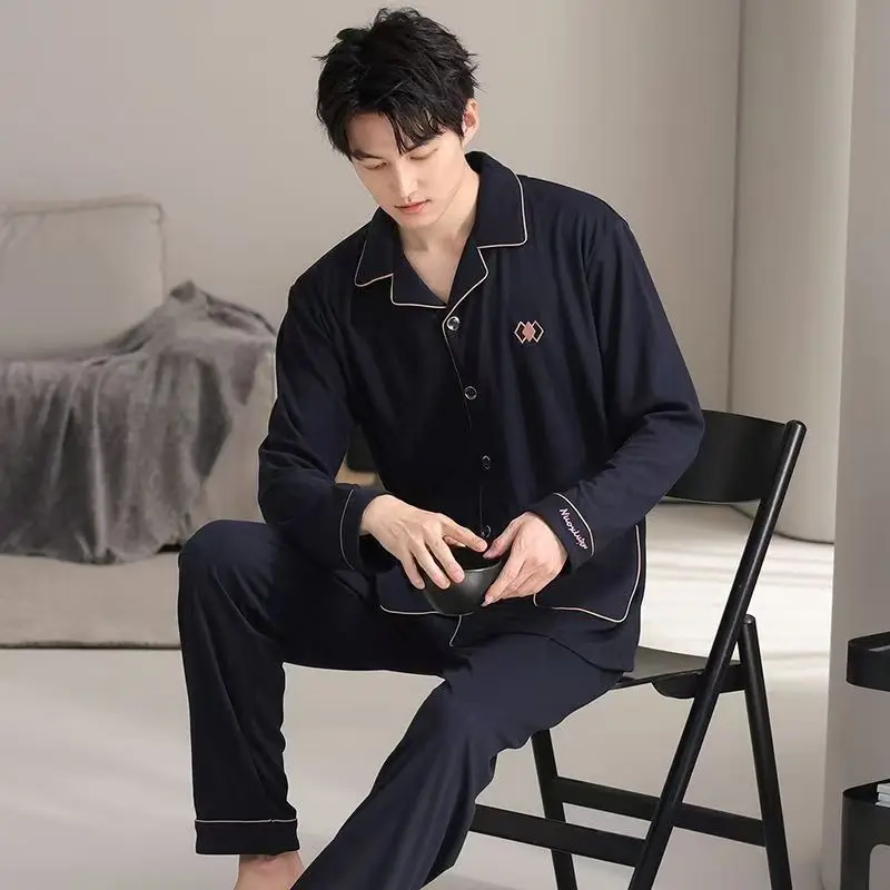 

Spring and Autumn Men's High-End Pajamas, Long-Sleeved Trousers, Cardigan Two-Piece Set, Early Autumn Men's Loose and Comfortable Home Clothes