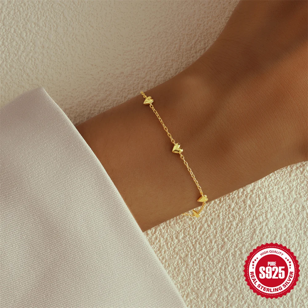CANNER New S925 Sterling Silver Mini Gold Love Heart Charm Bransoletka Łańcuch Dla Kobiet Luksusowa Biżuteria Prezenty Pulsera Bangles браслет