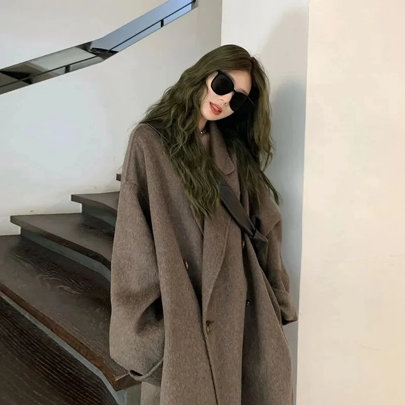 100% Wool Coat Lapel Overcoat Women Wool Blend Double Breasted Long Sleeve Shoulder Pad Coat 2024 Autumn Female Outwear