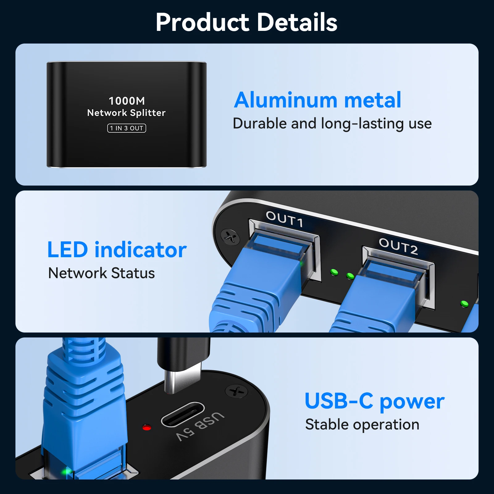 Ethernet Splitter 1 to 3 High Speed LAN Splitter 1000Mbps Gigabit RJ45 Ethernet Switch with USB C Power Cable for Cat5/5e/6/7/8