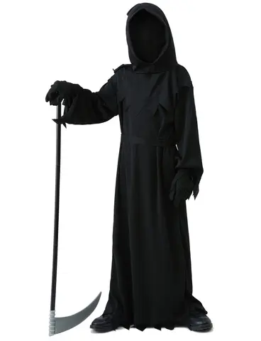 Halloween Grim Reaper Horror Costume Black Hooded Spooky Ghost Robe Dress Up Costume Adult Cosplay Mask Scythe Prop Party