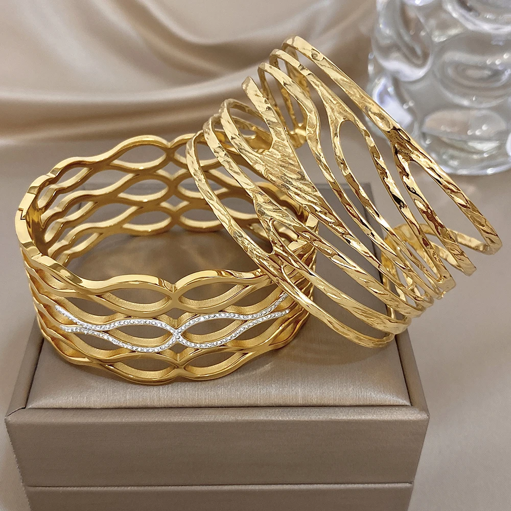 AENSOA Three-layer Hollowed-out Diamond-encrusted Fishtail Shape Bracelet Chunky Stainless Steel Exaggerate Waterproof Bangles