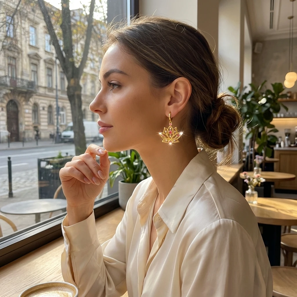 Elegante goldfarbene hohle Lotusblüten-Ohrringe für Damen, Boho, glitzernde Strass-Tropfenohrringe, spiritueller Kristallschmuck, Geschenk – Detail 8