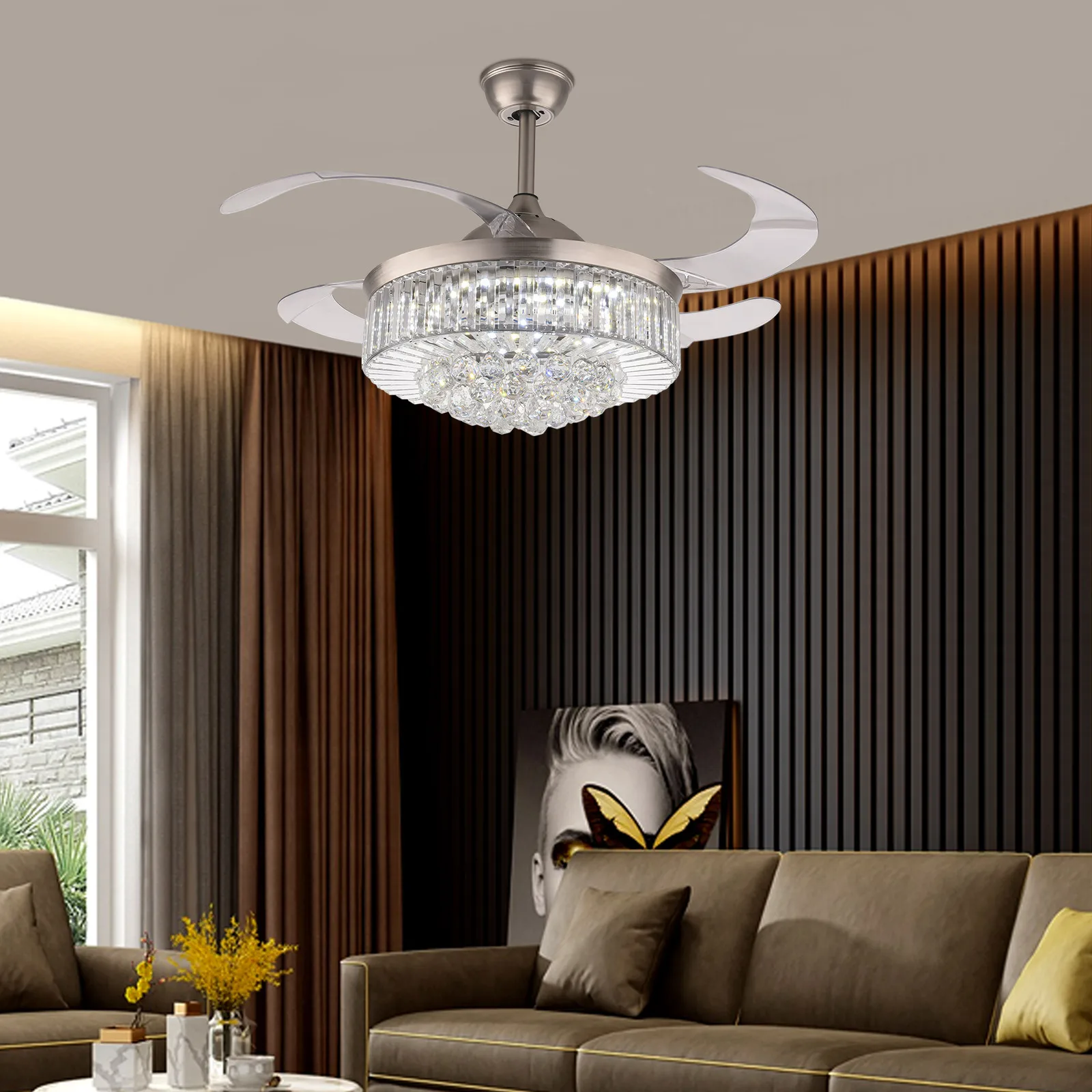 36Inch Crystal Ceiling Fan Light Retractable Invisible Blade Chandelier with Remote Control 3-Color Adjustable for Home Bedroom