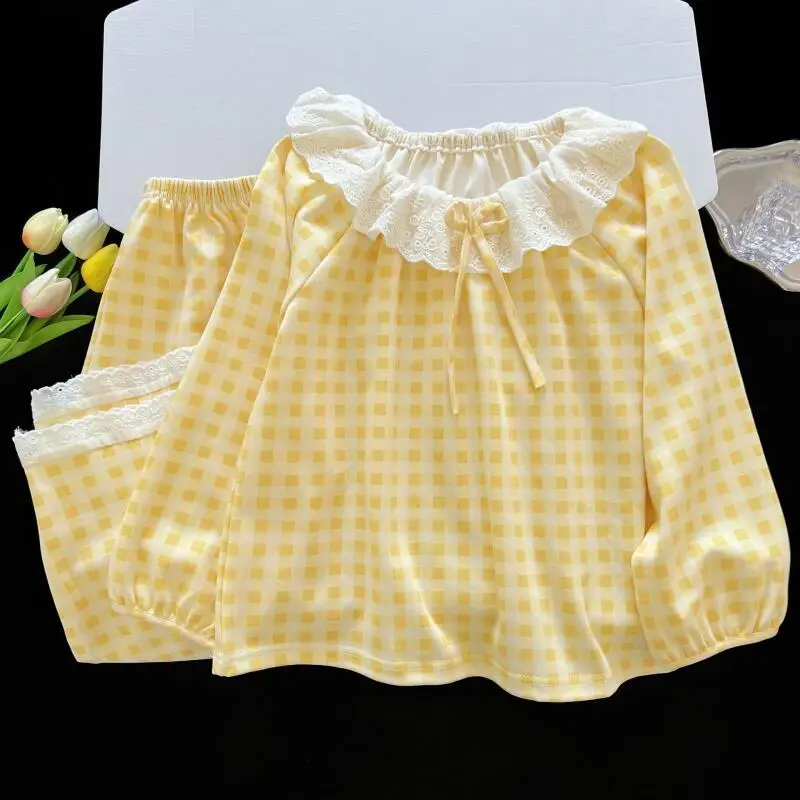 French Women's Doll Collar Bow Long-Sleeved Trousers Pajama Set Women's Home Wear Women's Breathable Soft Sweet Two-Piece Set