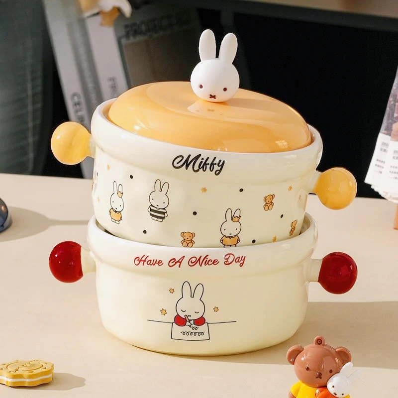미피 귀여운 만화 세라믹 국수 그릇 뚜껑 포함 대용량 전자레인지 사용 가능 도시락 내구성 보온 사무실 및 가정용