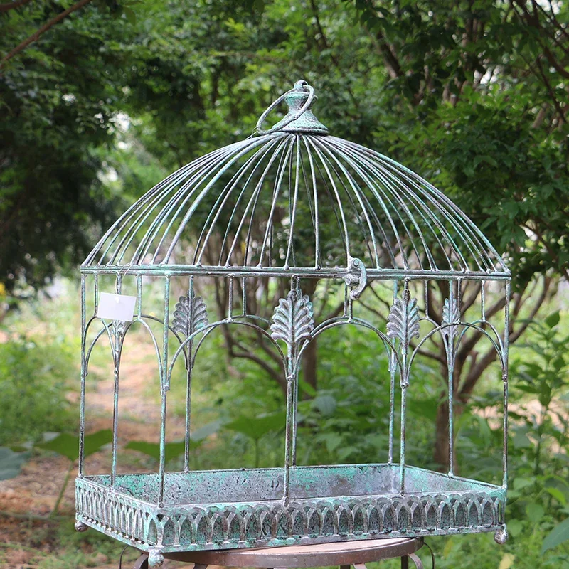 Export order retro old wrought iron outdoor rust-proof garden bird cage tray rack, courtyard villa plant blue