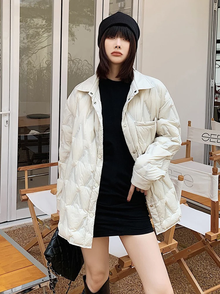 Piumino invernale leggero con risvolto allentato Parka solido monopetto femminile Capispalla da donna Piumino caldo in piuma d'anatra bianca
