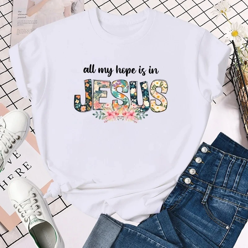 Funny All My Hope Is In Jesus Letter Printing T-Shirts For Women Summer Tee Shirt Femme Casual  Sleeve top