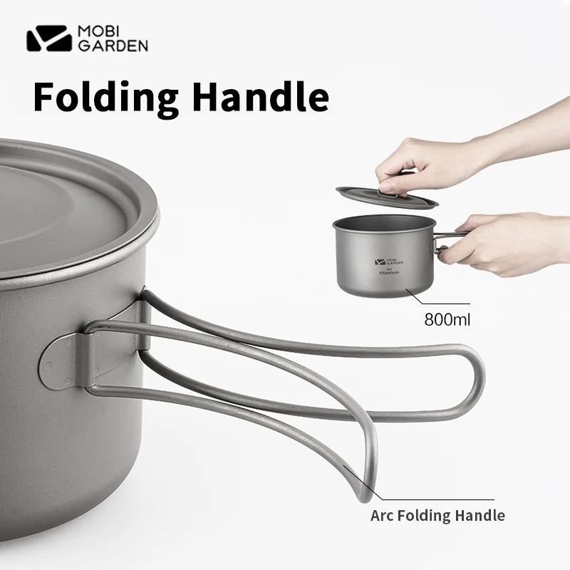 

Титановая кастрюля MOBI GARDEN для кемпинга, 3 размера, 1,3 л, 1,2 л, 0,8 л, сверхлегкая с крышкой, ручкой, подвесная посуда для пикника на открытом воздухе, одинарная кастрюля