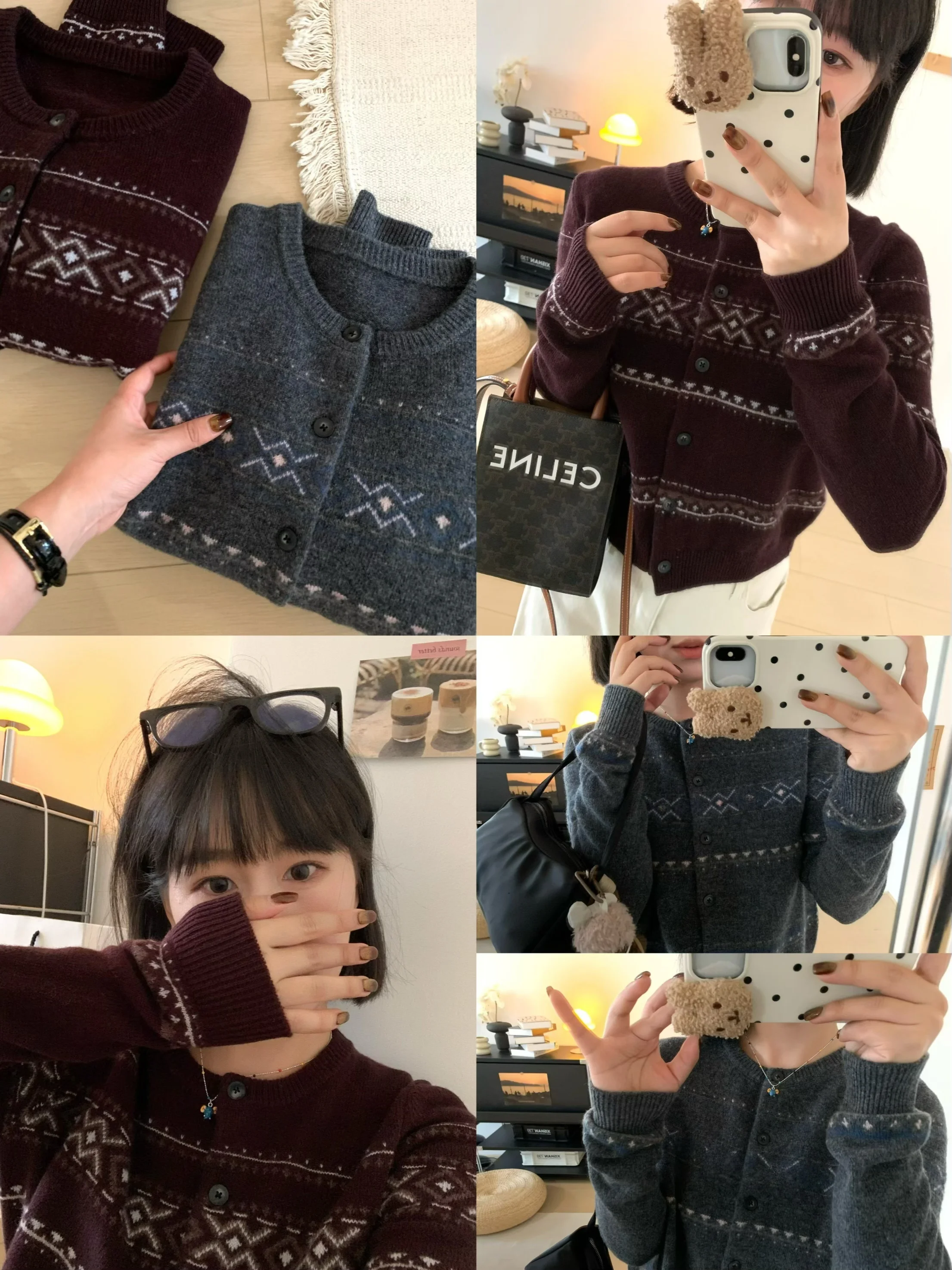 

XFYSLE Ретро Fair Isle вязаный шерстяной свитер женский зимний теплый круглый открытый кардиган Thiened трикотажный топ