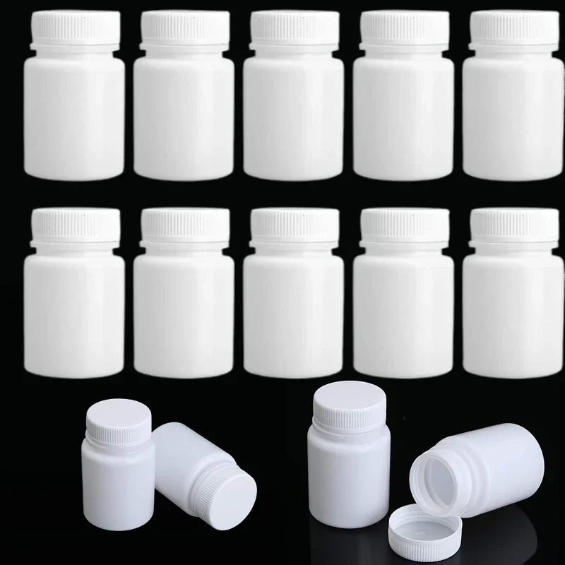 

50Pcs Empty 15/20/30/50/60/100ml White Plastic Solid Pill Bottles With Lids Home Tablets Cases Capsule Medical Powder Containers