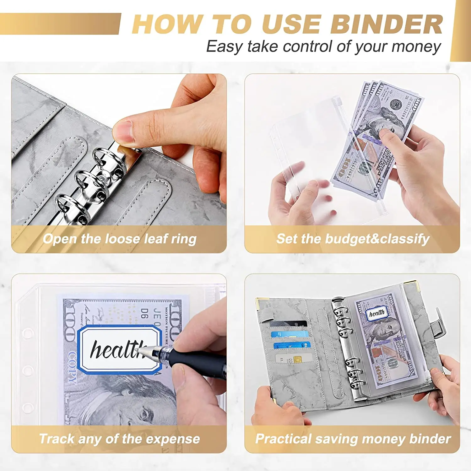 A6 PU Leather Marble Notebook Binder Budget Planner Money Organizer for Cash Savings with 12 Zipper Envelope Pockets & Stickers