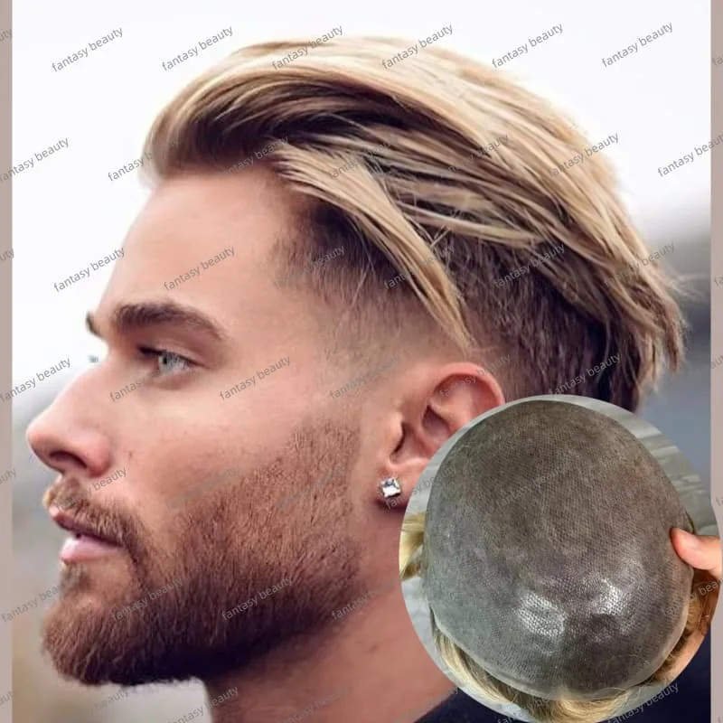 أومبير شقراء براون الجذور 4T/613 رقيقة الجلد بو قاعدة الرجال الشعر المستعار 100% الشعر البشري الهندي 110%-130% الكثافة الرجال الشعرية الاصطناعية