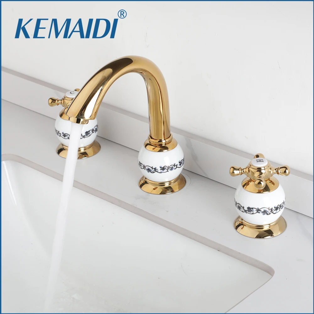 

KEMAIDI 3PCS Gold Bathroom Faucet with Ceramic Handles Deck Mounted Brass Faucets Hot Cold Water Mixer Tap for Sink