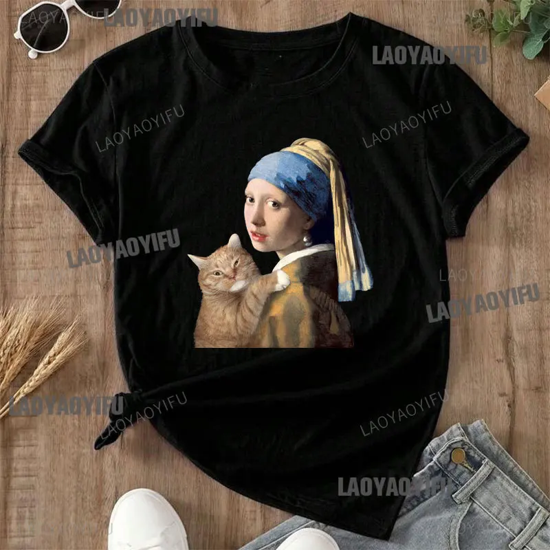 Camiseta de algodón con un pendiente de perla para hombre, ropa creativa Retro con estampado de obras de arte, para chica o chica