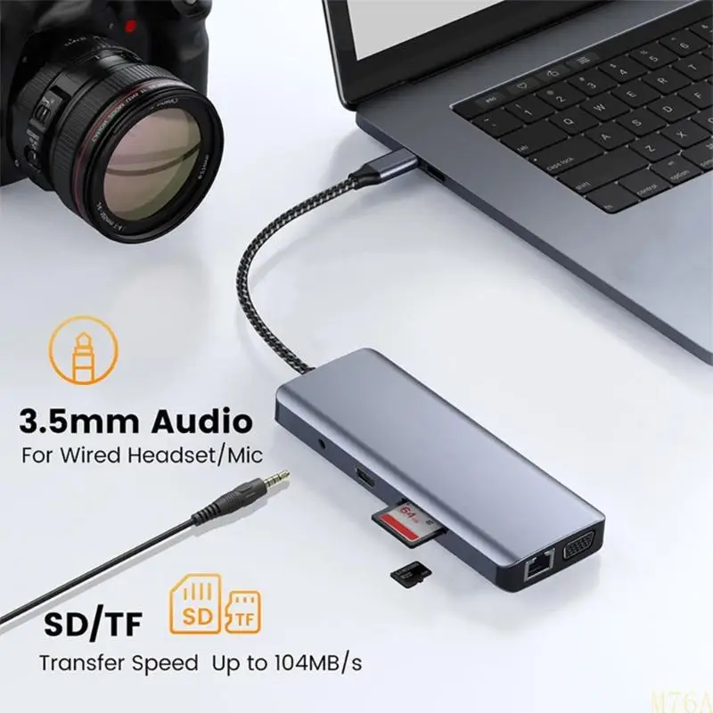 

USB C to VGA Adapter 10 Dock Port Dock с RJ45 Ethernet 3,5 мм USB3.0 M76A
