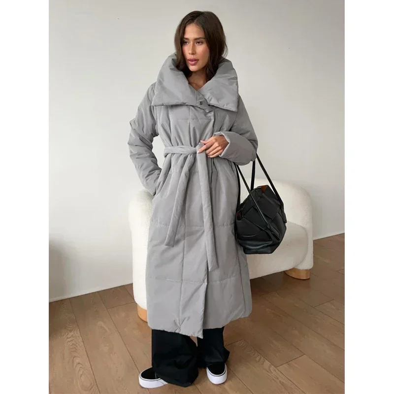 Autumn and Winter Women\'s Cotton Long Coat Elegnt Loose Soft Warm Street Style Stand Neck Belt Windproof Casual Cotton Jacket