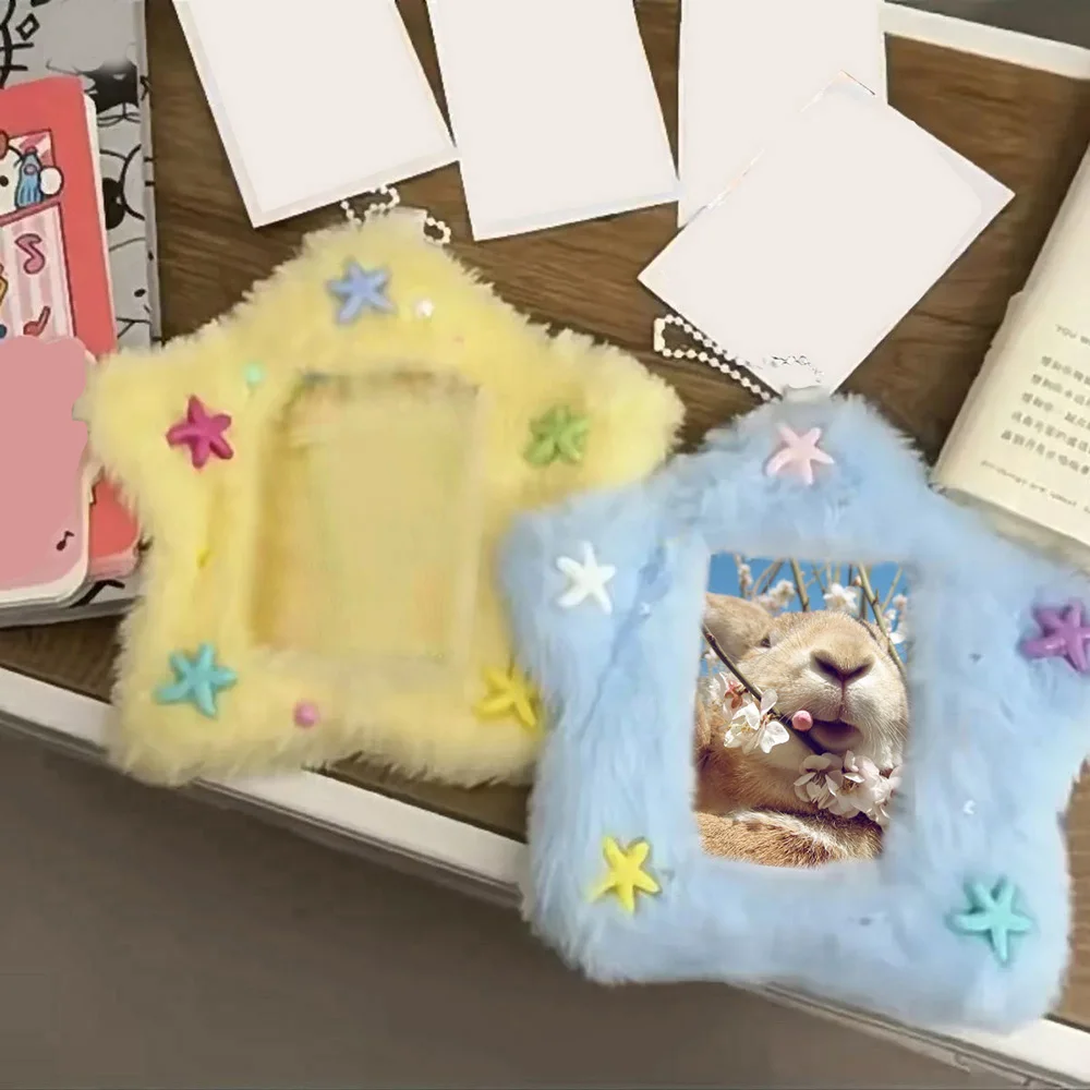 Plush Star Shape Card Holder With Bag Pendant 3 Inch Cartoon Idol Photo Protective Sleeve INS Transparent Card Cover For Girls