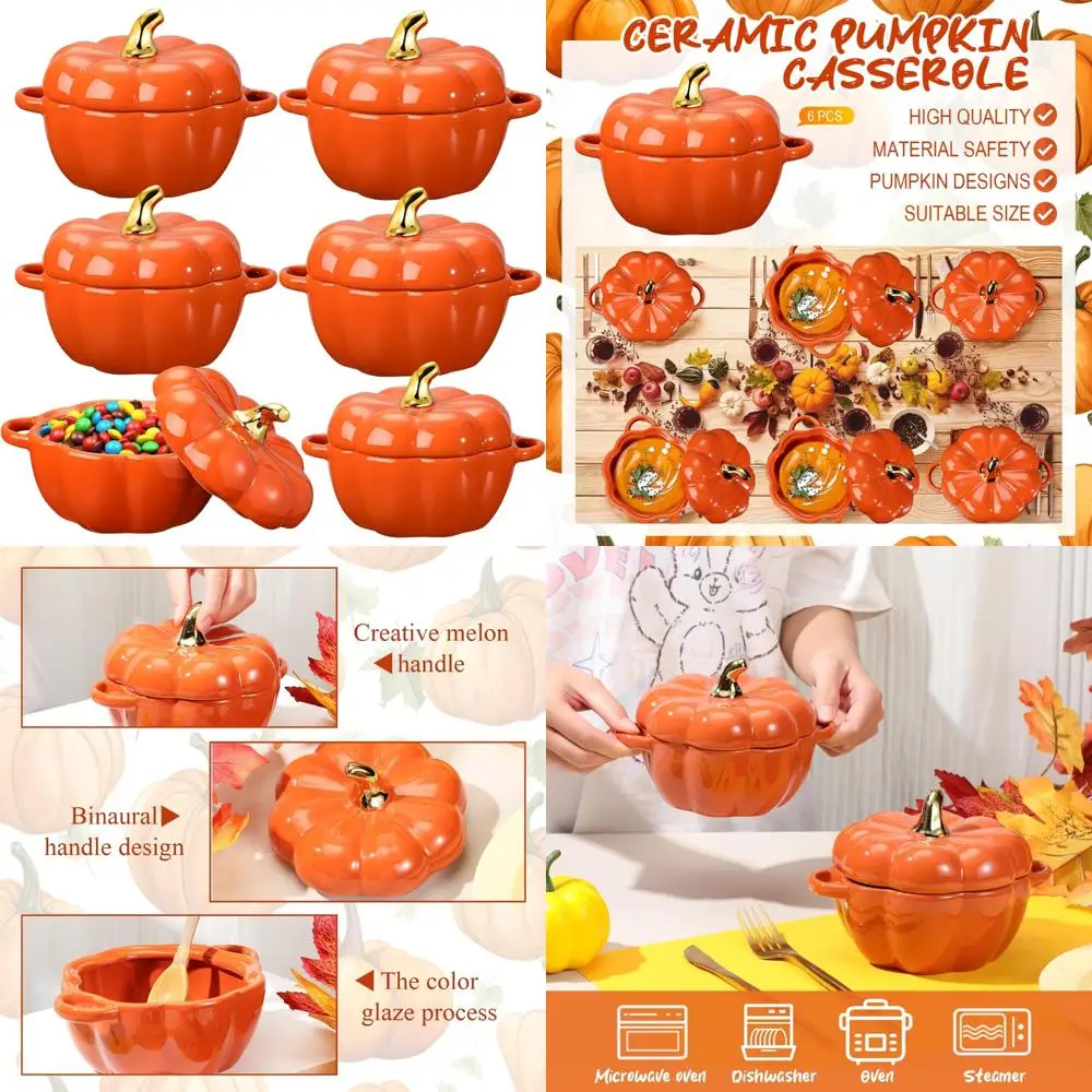 

Set of 6 Ceramic Pumpkin Soup Bowls, 15 oz Capacity, with Lids and Handles for Halloween Party and Kitchen Storage