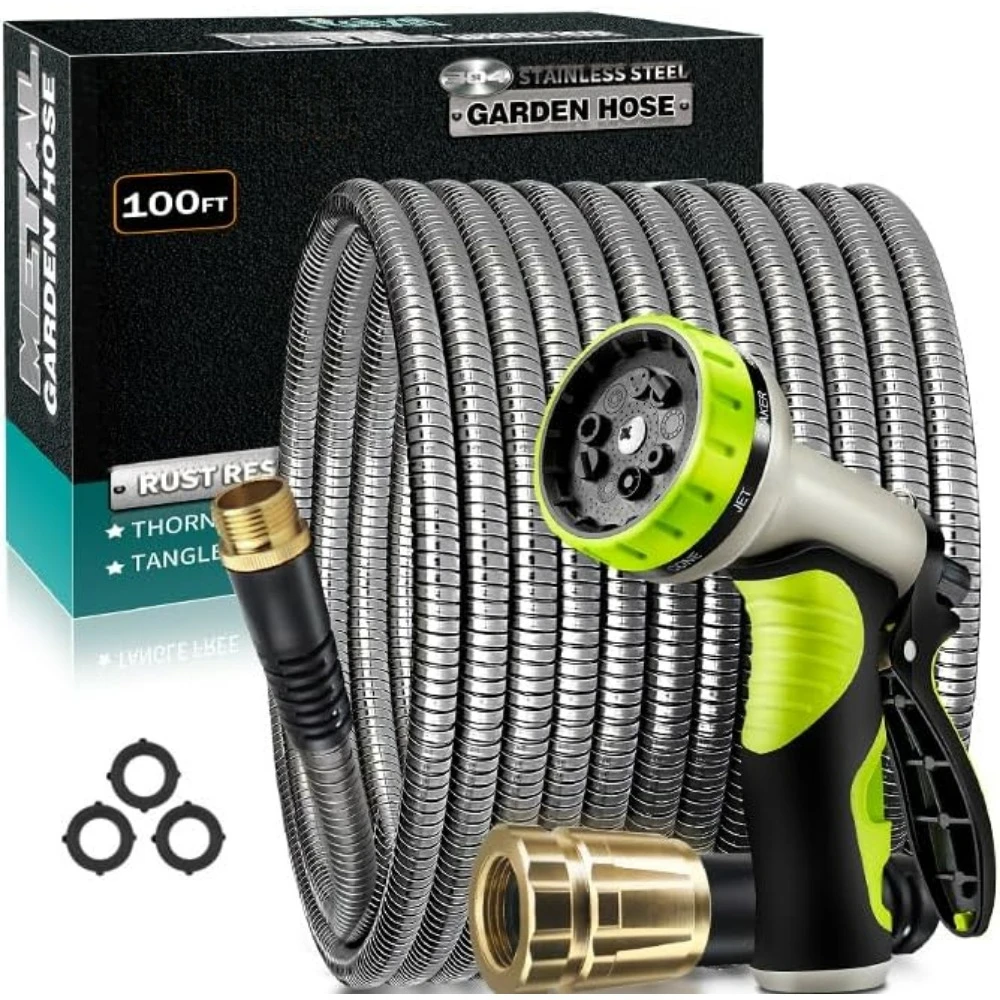 

Garden Hose 100ft - Stainless Steel Garden Hose Metal, Flexible Water Hose with Sprayer for Yard - Never Kink & Tangle,