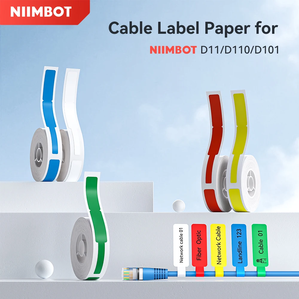 

3 Rolls Color Cable Label for Niimbot D11 D110 D101 H1S Pinter Colorful Network Cord Labels Tags Self Adhesive Sticker Organizer