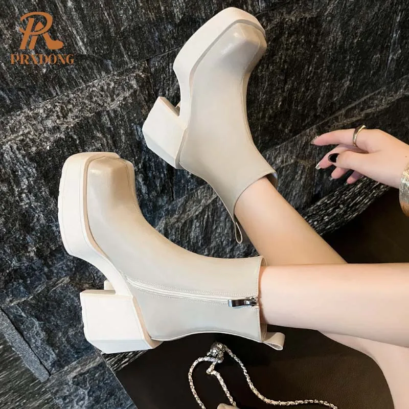 PRXDONG New Brand Autumn Winter Warm Shoes 2024 Genuine Leather Chunky High Heels Platform Black Blue Dress Casual Ankle Boots