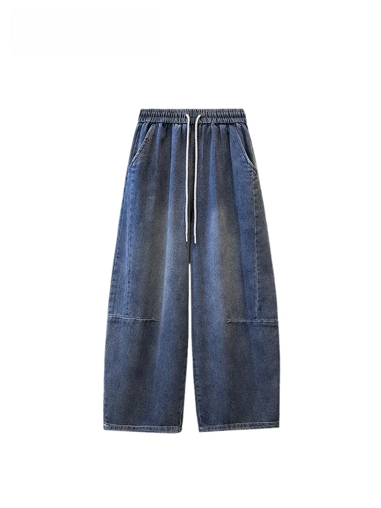 

Женские джинсы с высокой талией и широкими штанинами, повседневные, с эффектом потертости, больших размеров, весна-лето, модные брюки больших размеров