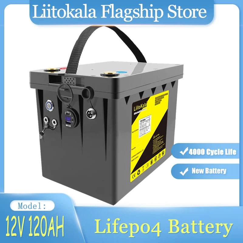 LiitoKala 12V 120Ah LiFePO4 Battery 12.8V Power For RV Campers Golf Cart Off-Road Off-grid Solar Wind，QC3.0 Type-C USB output