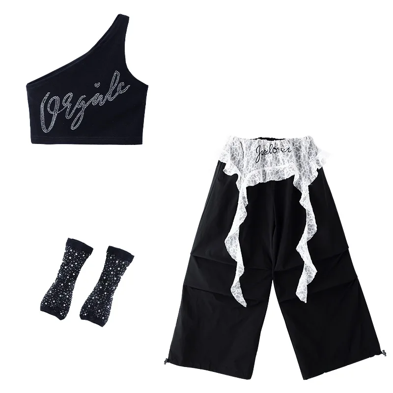 

Танцевальный комплект в стиле хип-хоп для девочек, джазовый костюм, наряд K-pop, детская одежда для выступлений, черный жилет с наклонными плечами, брюки