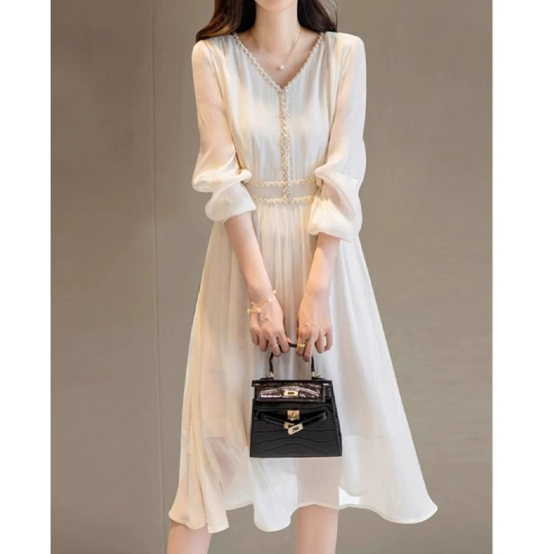 Spring Autumn Solid Color Fashion V-neck Elegant Dress Women High Street Casual Embroidered Flares Patchwork All-match Dresses