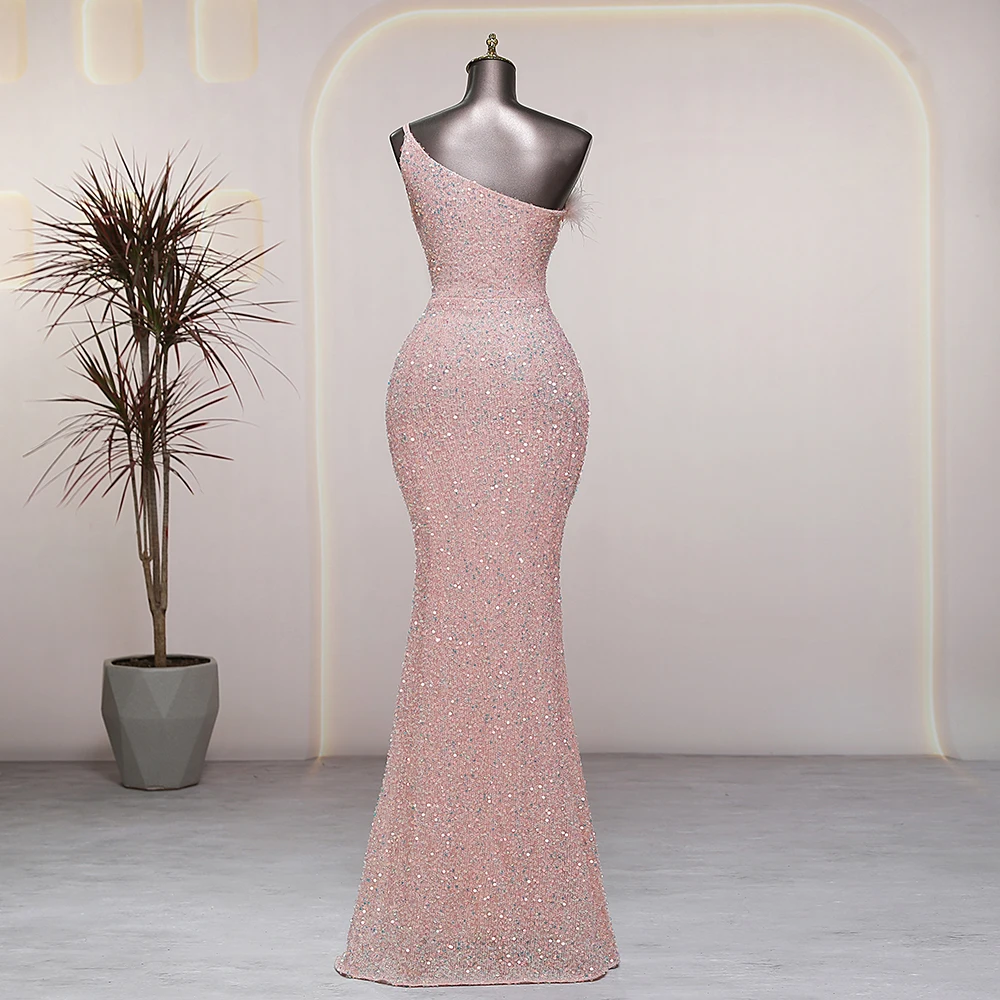 One-Shoulder Sequins Long Mermaid Pink Side Slits Fur Collar Evening Dress Women Prom Party Dresses  robes de soirée Bride Dress