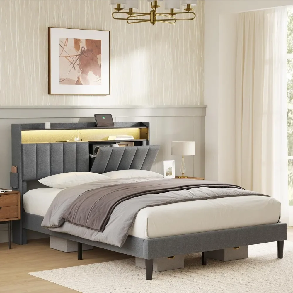 

Full Bed Frame With Storage Headboard & Footboard Modern Upholstered Platform Bed With LED Lights USB Ports & Outlets||