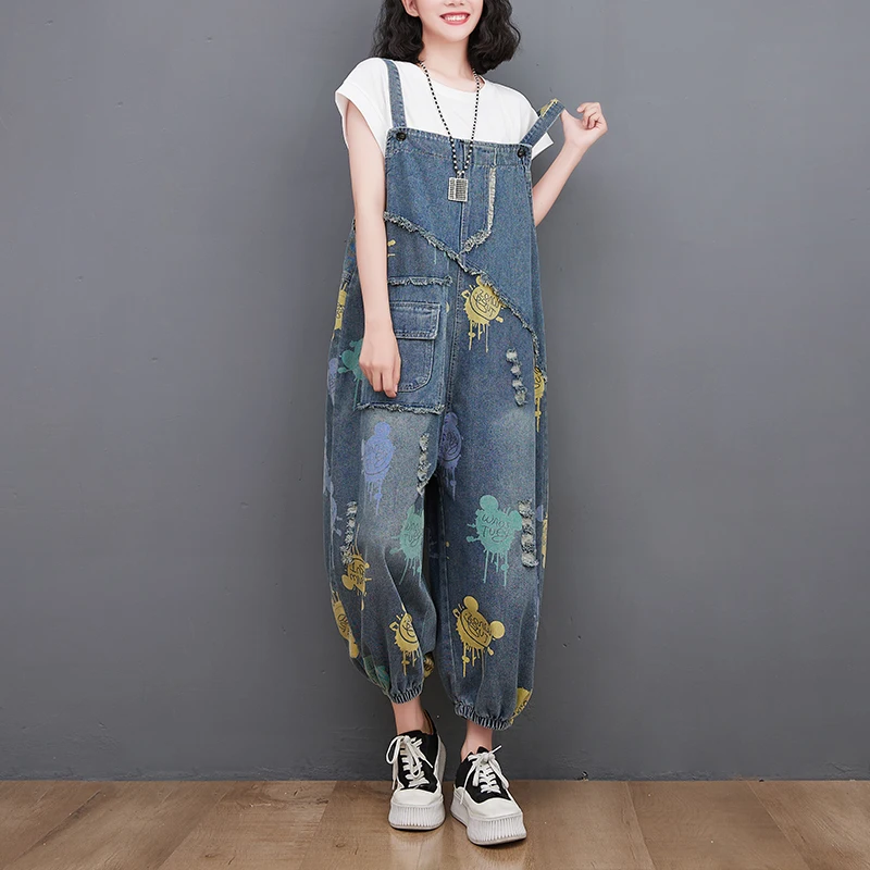 Denim overalls new Loose leisure fashion printed suspenders women fashion design