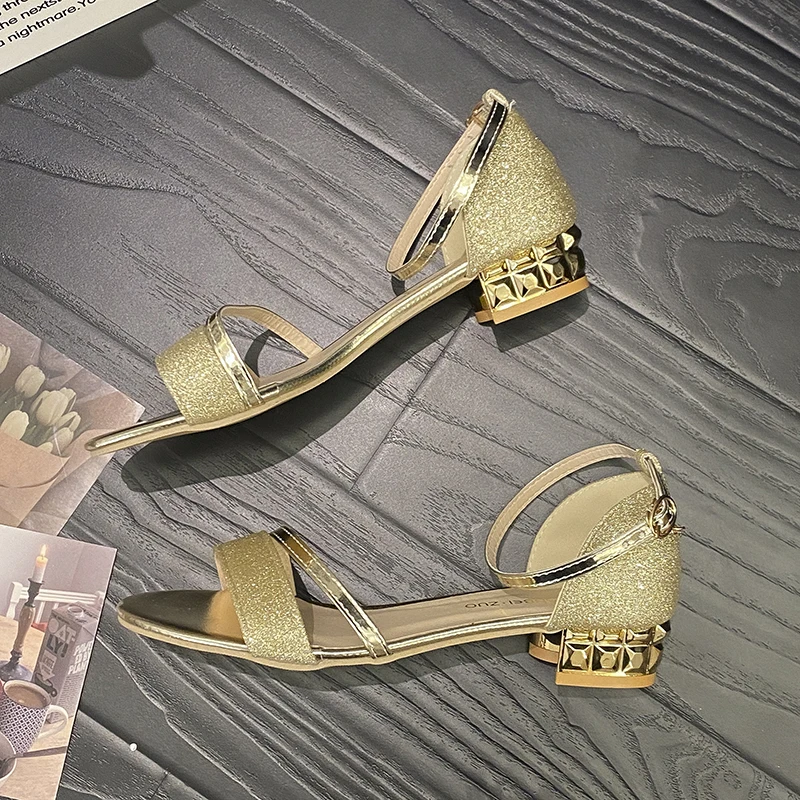صنادل النساء 2024 الكعوب حذاء كاجوال المرأة المفتوحة تو الصيف الذهب أحذية مربع الإناث الكاحل حزام كعوب منخفضة الأحذية امرأة #6
