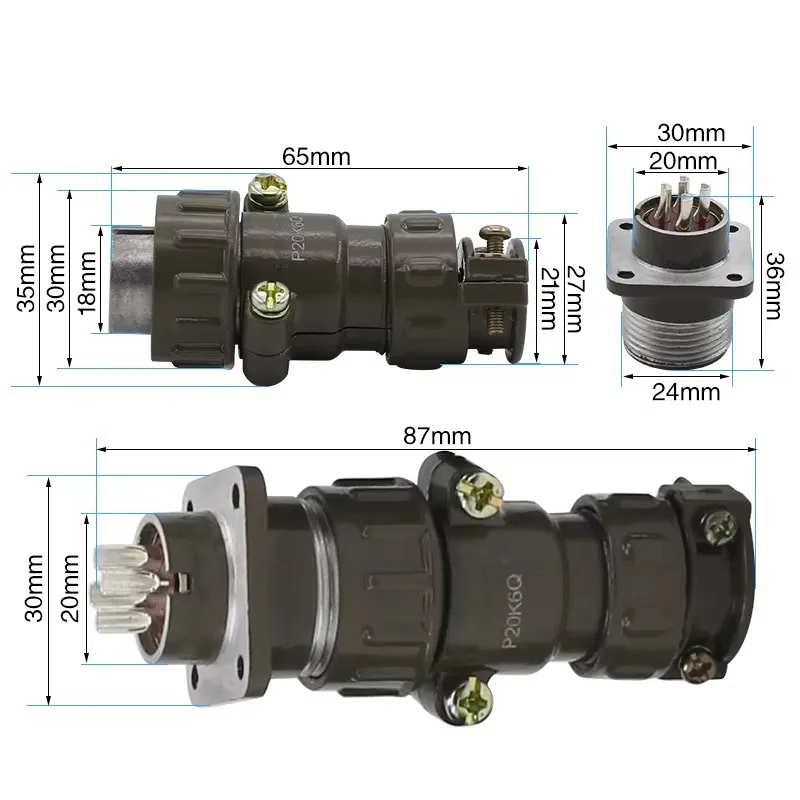 P20 Connectors 2, 3, 4, 5, 7 pin mounting dimensions 20 mm