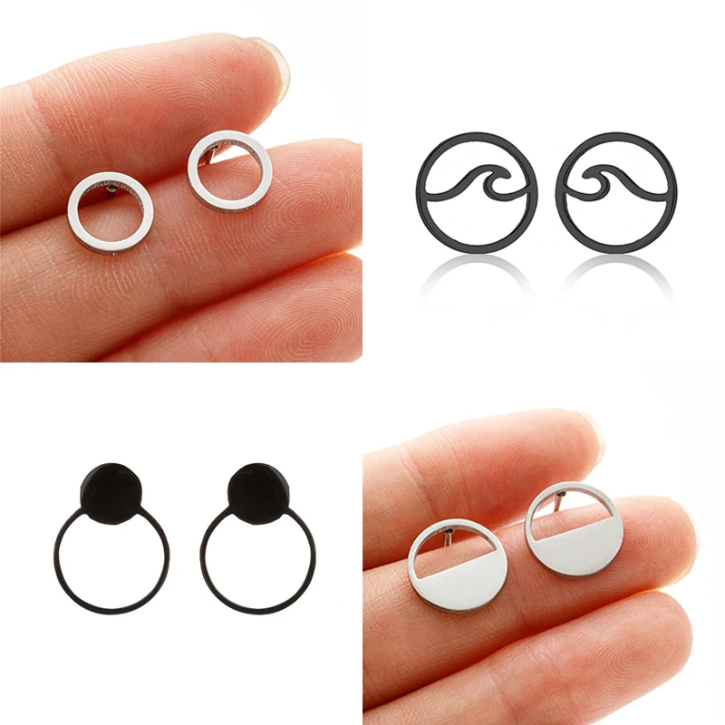 Minimalistischer Schmuck, einfache runde Ohrringe, schwarzer Edelstahl, geometrische Ohrstecker für Frauen, kleine Kreis-Ohrringe, Mädchen-Party