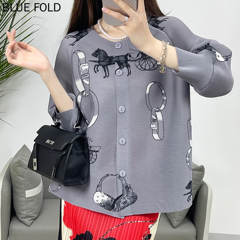 

New Pleated Casual Printed Nine-point Sleeves MIYAKE Design Shirt Top Loose Fashion Cardigan Women's Clothing PLEATS Blouses