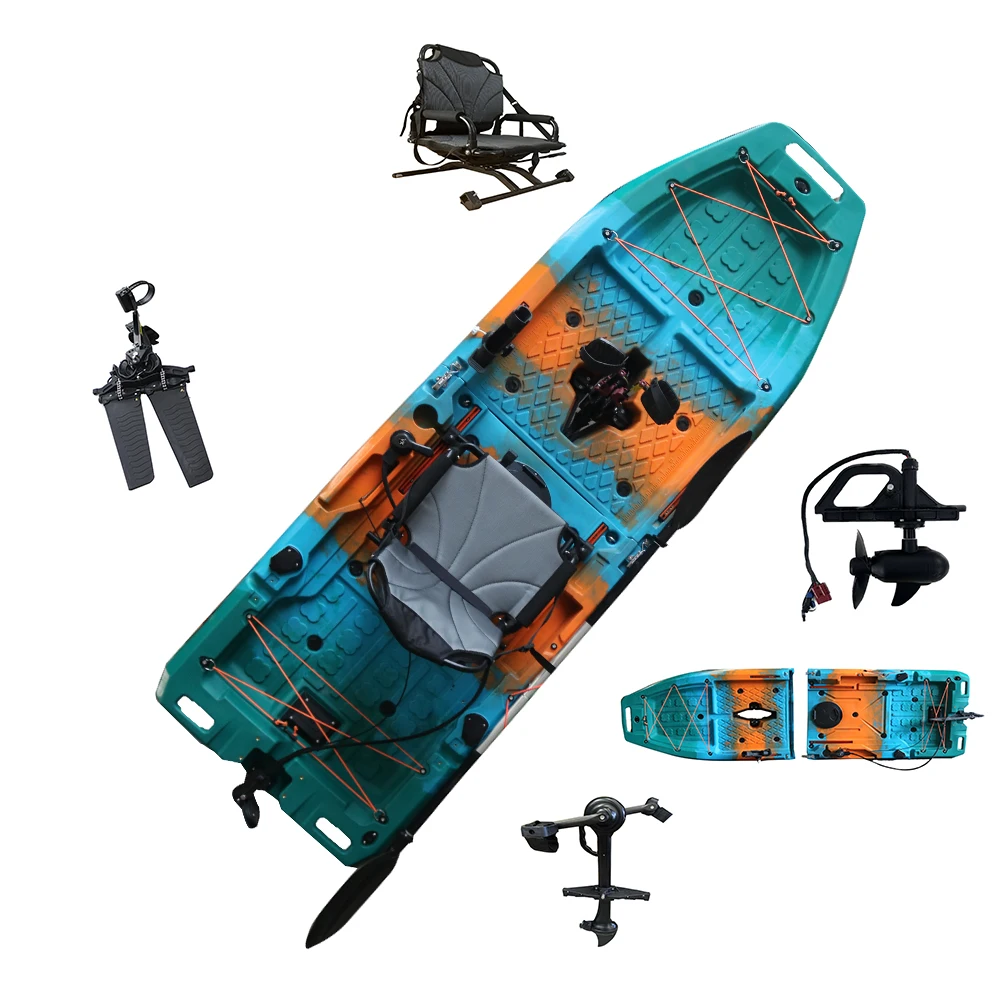 9ft Single Person HDPE Modular Sit On Top Fishing Kayak Dual Power Pedal Drive Or Electric Motor Travel Friendly Watercraft
