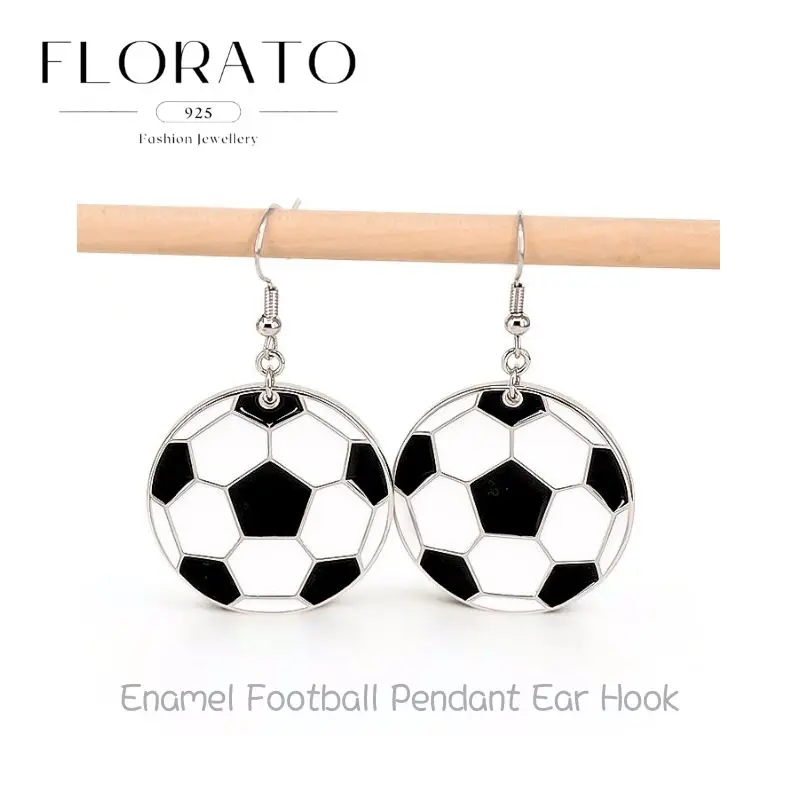 

New 2026 Silver Needle Enamel Football Pendant Ear Hook Earrings For Women Niche Creative Pierced Earrings Fashion Party Jewelry