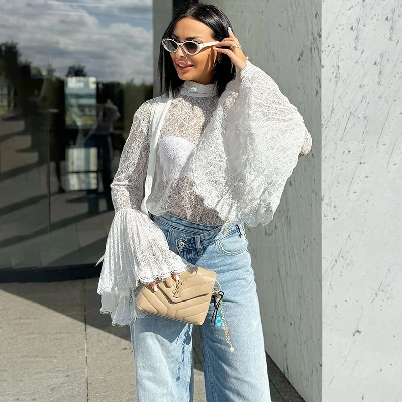 Tornova Sexy Spitze Damen T-Shirt Rüschenärmel Band Bluse Mode Pullover Top 2025, Herbst Winter Casual Büro Dame T-Shirt