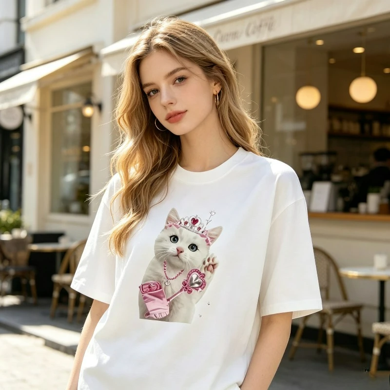 Funny White Crown Cat T‑Shirt 100% Cotton Cute Animal Pink Bag Print Tee Y2K Aesthetic Casual Daily Wear for Ladies