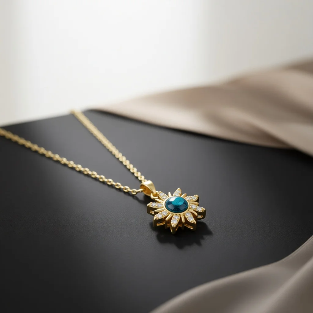 Brilliant Silver Copper Necklace, Sun Floral Charm, Blue Galaxy Stone, Sparkling Zircon Inlay, Cable Chain, Gift for Party