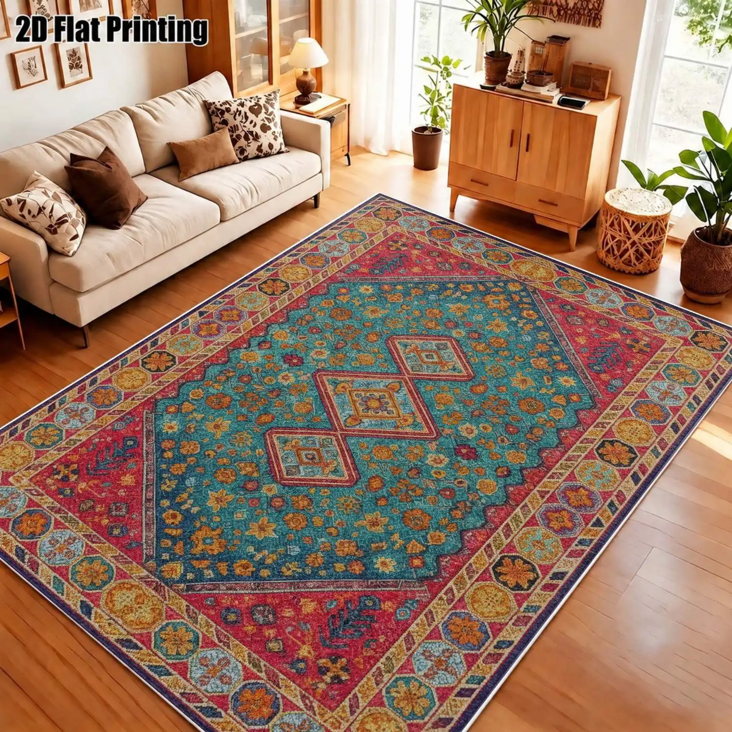 1Pc 2D Printed Retro Red-Edged Geometric Diamond Velvet Carpet: Vintage, Boho, European Style, Multi-Size, Machine Washable, for Home Decor & Multi-Scenarios