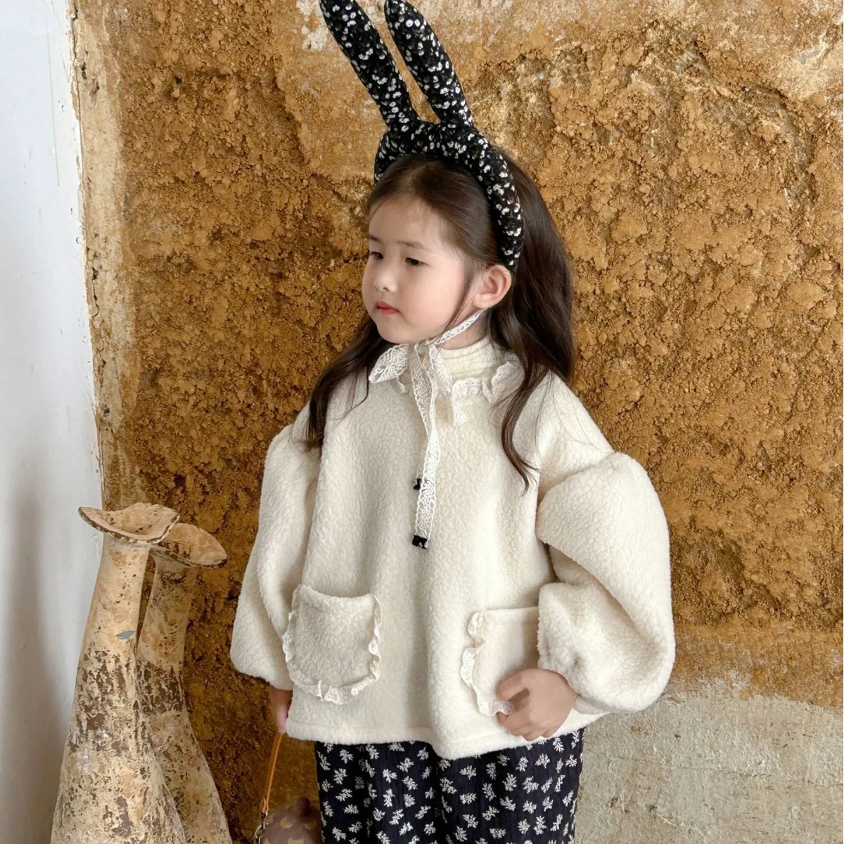 Girls Clothing 2023 Winter New Korean Style Lamb Wool Fleece Thickened Hoodie with Puffed Sleeves Casual Warm Cute Hoodie