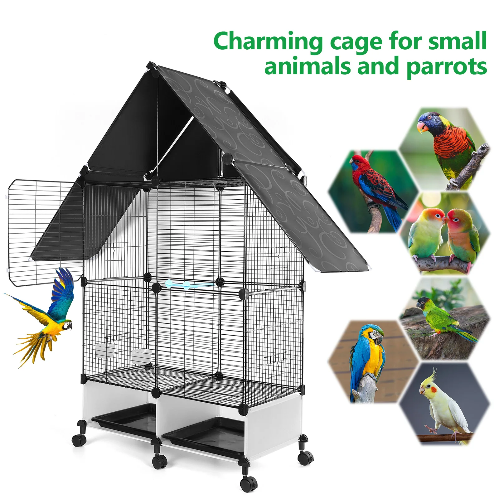 Bird Cage With Rolling Stand House Shape Iron Bird Cage 2 Tier Large Birds Cages Villa For Canary Finch Budgie Lovebirds Feeder