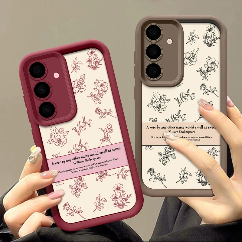 Lettering Rose Flower Case For Samsung Galaxy A54 A55 A56 5G A37 A15 A16 A26 A36 A17 A57 S21 FE S22 S23 S24 S26 S25 Ultra Cover