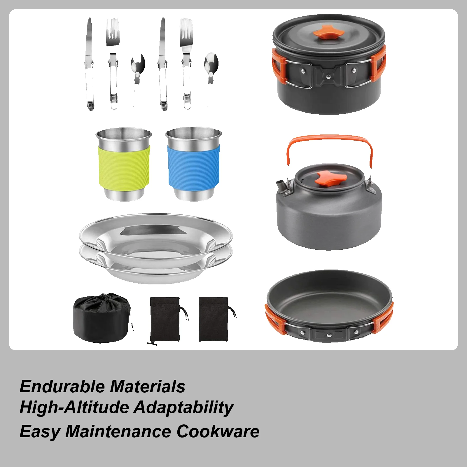 

Складная посуда для походов, набор кастрюль и сковородок для кемпинга, антипригарная портативная посуда, кухонный чайник, чашка, ножи, вилка, ложка для