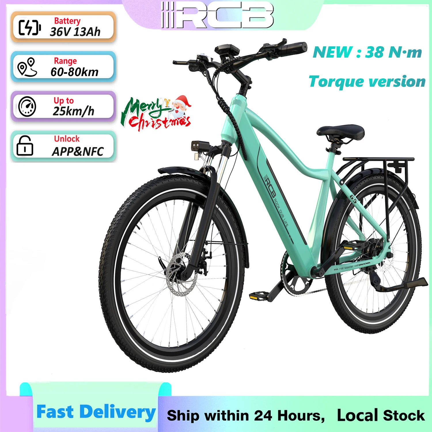 Bicicletta Elettrica RCB E-BIKE Pedelec G5 con Sensore di Coppia, Ruote da 27,5 pollici, 36V 13Ah 250W, Autonomia 60‑80 km, 38N·m, Carico Massimo 120 kg per Adulti, Doppia Sospensione, Freni a Disco,