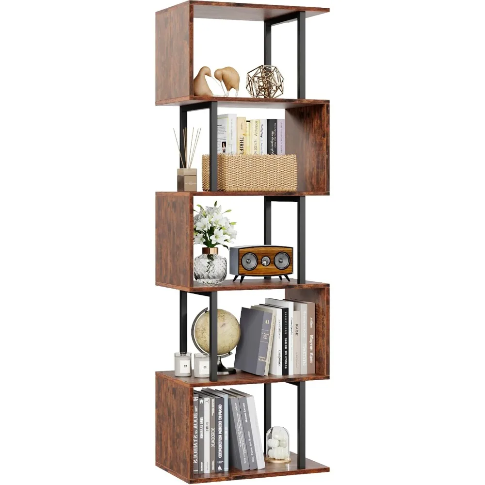 

6 Tier Bookshelf, Tall S Shaped Geometric Bookcase, Modern Display Book Shelf Standing Unit, Wood Metal Decorative Room Divider
